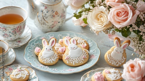 Wallpaper Mural A high-tea Easter setting with intricately decorated bunny cookies, a selection of fine teas, and a vase of soft pink roses Torontodigital.ca