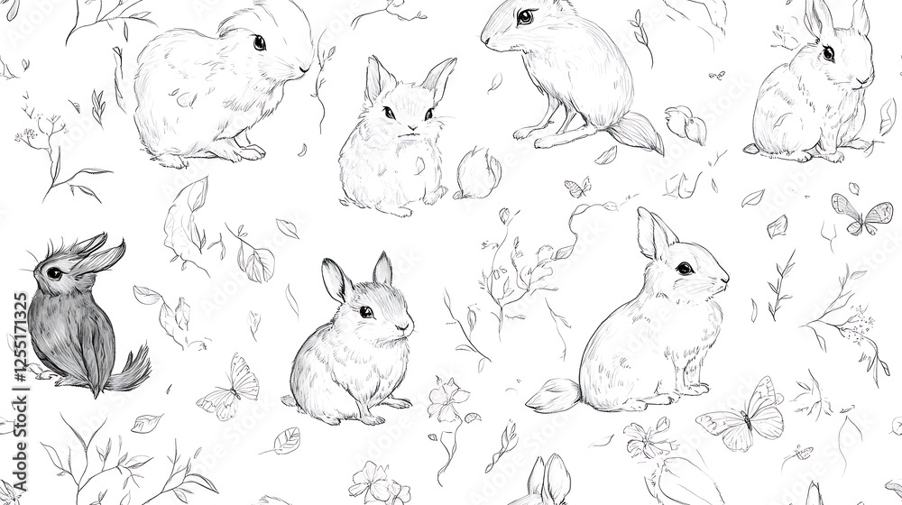 Cute rabbits pattern, whimsical design, nature inspired, printable art, coloring page Cute rabbits pattern, whimsical design, nature inspired, printable art, coloring page