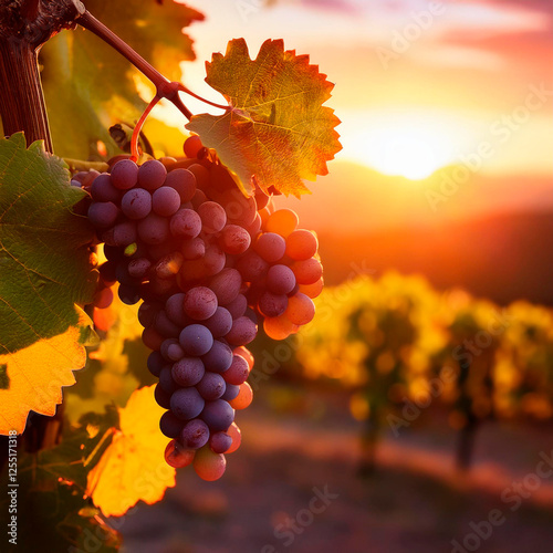 Vigneto con piante di uva rossa al tramonto