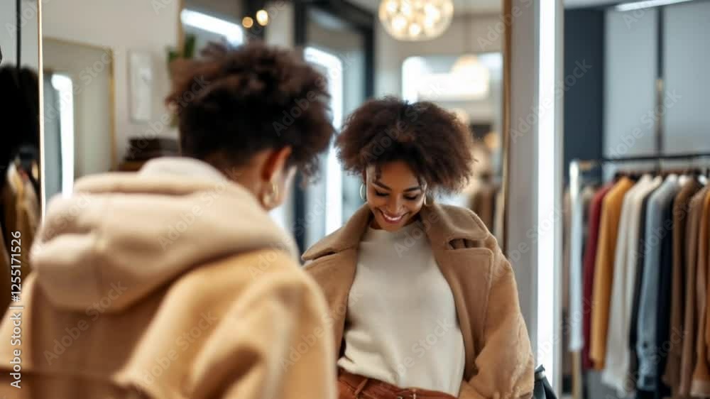 Smiling young woman trying on stylish outfit in boutique fitting room, fashion concept