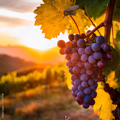 Vigneto con piante di uva rossa al tramonto