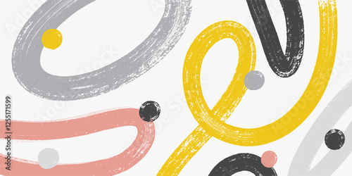 Abstract funky banner, poster with squiggles colored brush strokes, dots. Template with bold curves, squiggles, swirls, circles. Scandinavian funky design banner, background vector illustration.