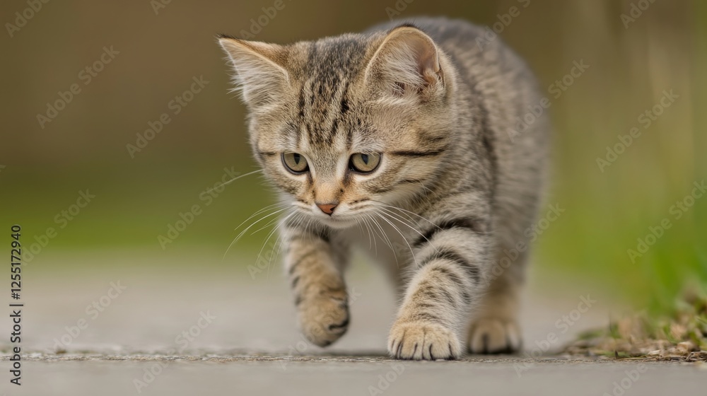 Kitten walking outdoors, blurry background, nature Kitten walking outdoors, blurry background, nature