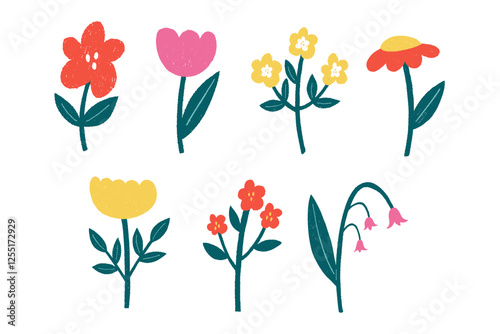 Hand draw flowers set collection. Cute doodle spring flowers.