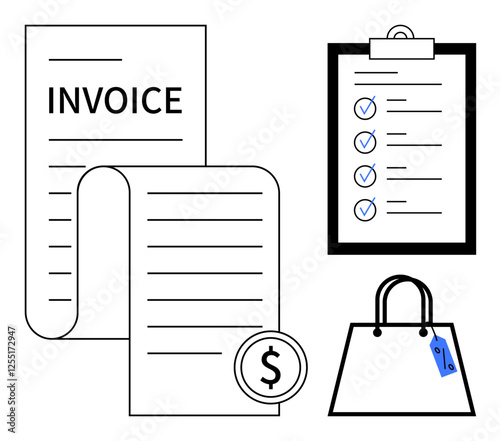 Invoice, scroll with dollar sign, checklist on clipboard, and shopping bag with sale tag. Ideal for finance, shopping, e-commerce, budgeting task management sales retail. Abstract line flat