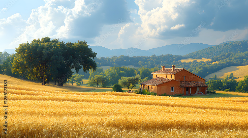 Take in the pastoral charm of the French countryside, where golden wheat fields and charming farmhouses punctuate a landscape of gentle rolling hills, depicted in awesome, highly detailed photography Take in the pastoral charm of the French countryside, where golden wheat fields and charming farmhouses punctuate a landscape of gentle rolling hills, depicted in awesome, highly detailed photography