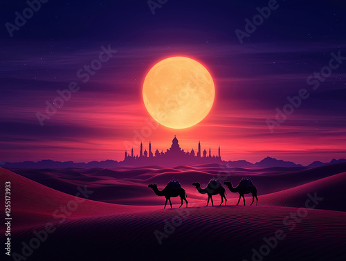 Camels Crossing Desert with Mosque Silhouette photo