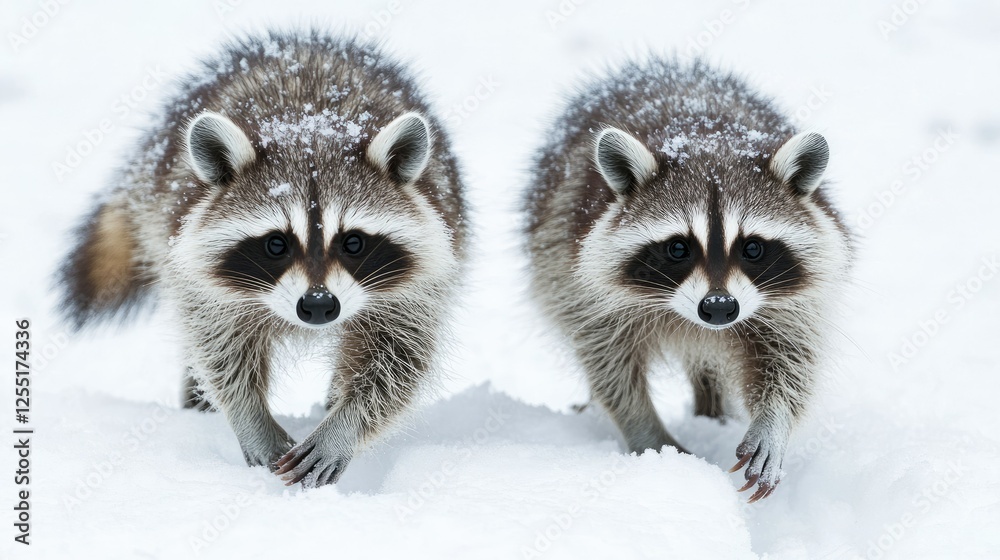 A pair of raccoon tracks crossing each other in the powdery white snow. A pair of raccoon tracks crossing each other in the powdery white snow.