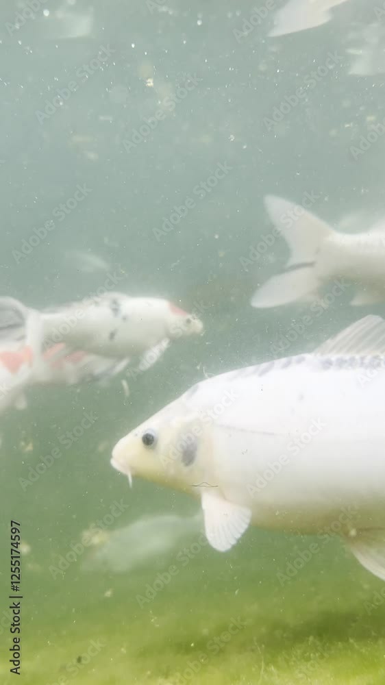 Koi, carp and goldfish in the pond, underwater shot