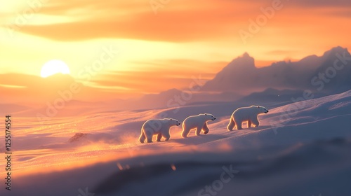 A family of polar bears walking across an endless frozen tundra, their fur glistening in the sunlight. photo