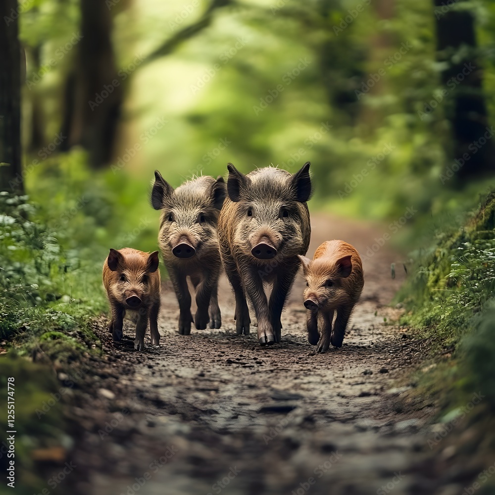 A family of wild boars crossing a narrow woodland path, their young following closely
