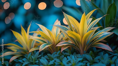 Vibrant yellow and green tropical plants at night.