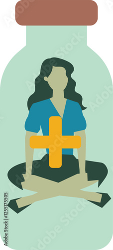 Woman Sitting inside pharmacy bottle