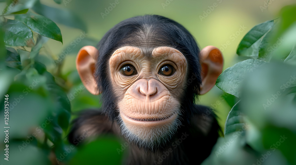 Young chimpanzee peering from foliage, African jungle