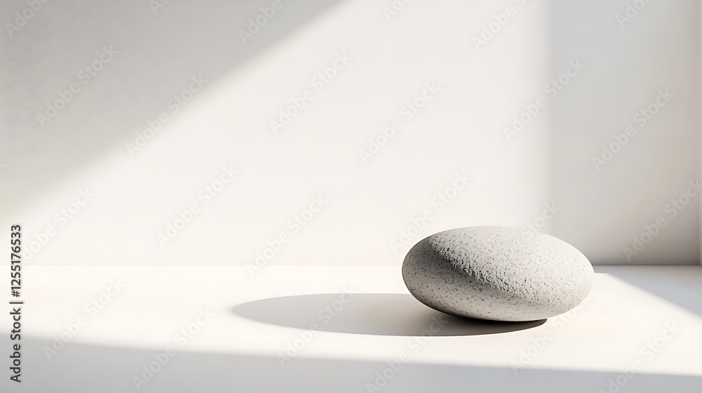 Gray stone pebble on white surface, sunlit minimalist scene, product display Gray stone pebble on white surface, sunlit minimalist scene, product display