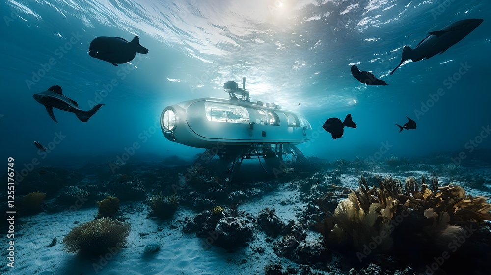 Obraz premium A futuristic underwater research station surrounded by curious marine life.