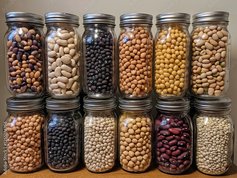 Variety of Dried Beans and Pulses Displayed in Glass Jars on Wooden Table Variety of Dried Beans and Pulses Displayed in Glass Jars on Wooden Table