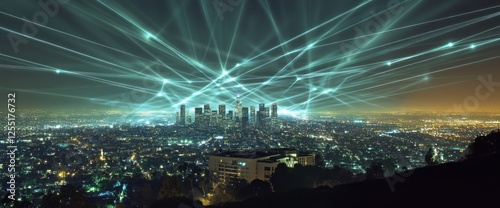 Futuristic Cityscape: Los Angeles at Night Illuminated by a Network of Light Beams