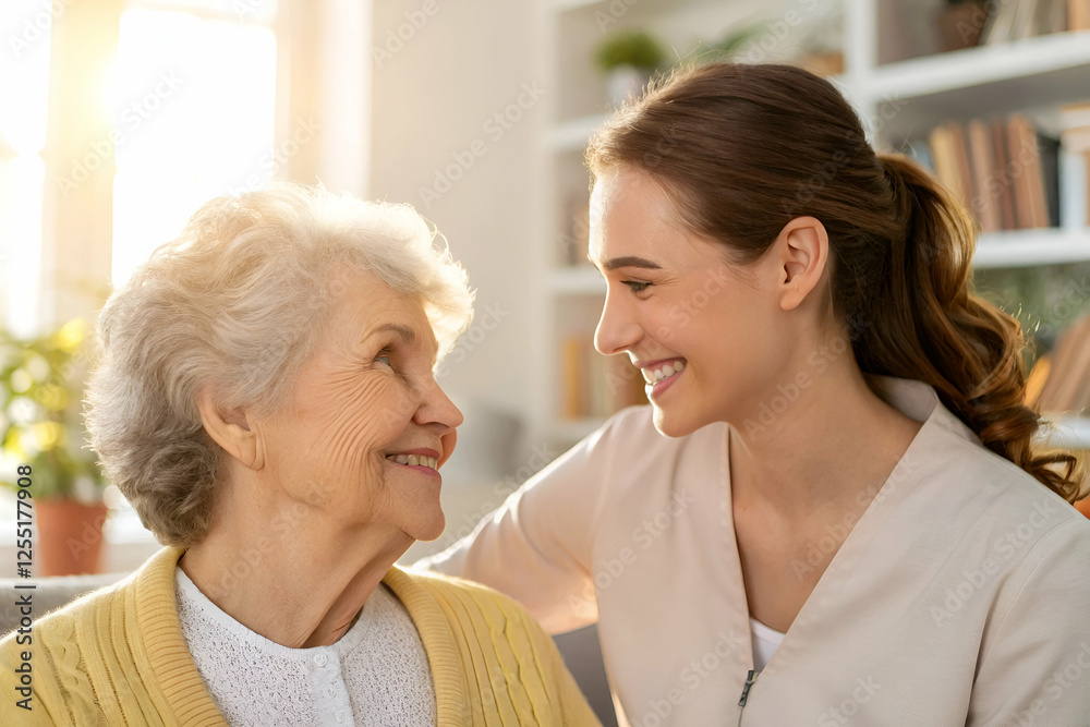 authentic people A caregiver and elderly woman share a warm, joyful moment, highlighting companionship and emotional connection in a bright, cozy setting. authentic people A caregiver and elderly woman share a warm, joyful moment, highlighting companionship and emotional connection in a bright, cozy setting.