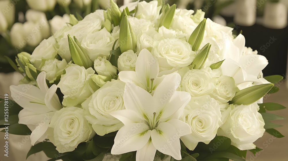 Fototapeta premium White roses lilies funeral bouquet shop
