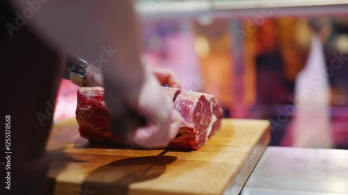 A butcher is cutting a piece of meat on a wooden cutting board. The butcher is wearing a watch and has a knife in his hand. The scene is set in a butcher shop, and the butcher is focused on his task