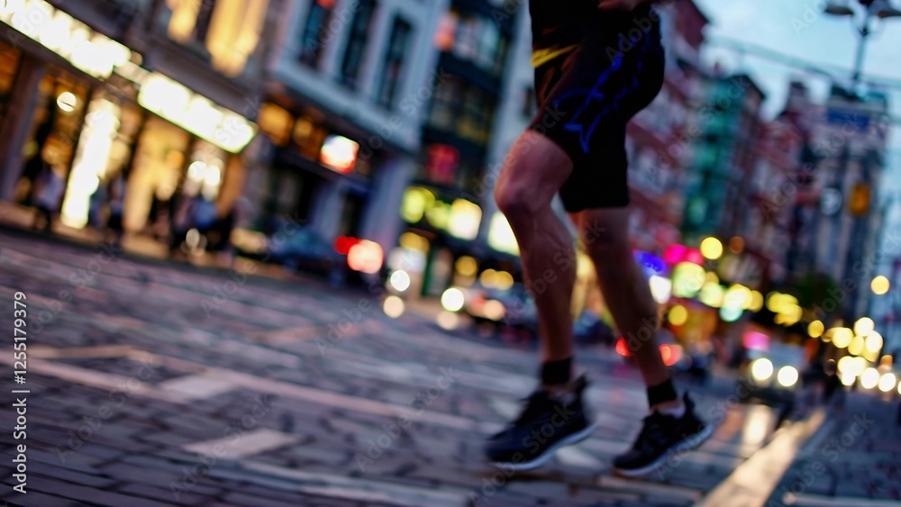 Determined athlete running through dimly lit urban streets, navigating cityscape with focused energy and dynamic motion under streetlight illumination Determined athlete running through dimly lit urban streets, navigating cityscape with focused energy and dynamic motion under streetlight illumination