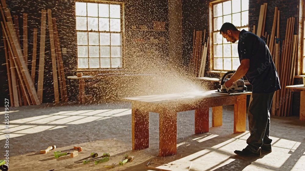 Fototapeta premium Sunlight illuminates sawdust flying as a carpenter cuts a wooden plank with a circular saw, showcasing craftsmanship and precision in a woodworking workshop