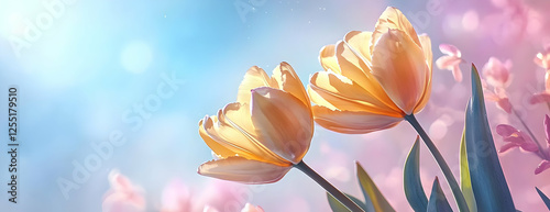 Wallpaper Mural Sunny garden, two pale tulips, bokeh Torontodigital.ca