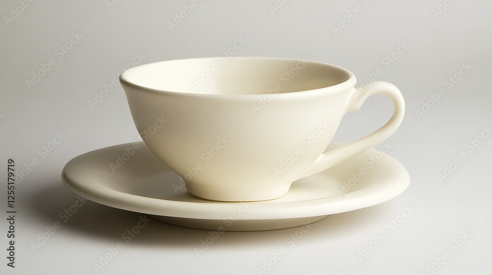 Empty cream teacup and saucer on white background, still life, simple, elegant presentation Empty cream teacup and saucer on white background, still life, simple, elegant presentation