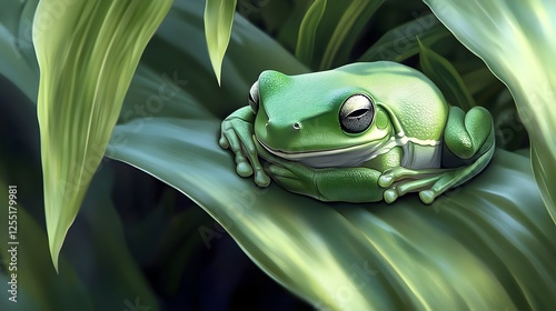 A green tree frog resting on a broad leaf, its body almost indistinguishable from the foliage.