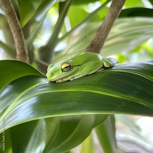 A green tree frog resting on a broad leaf, its body almost indistinguishable from the foliage.