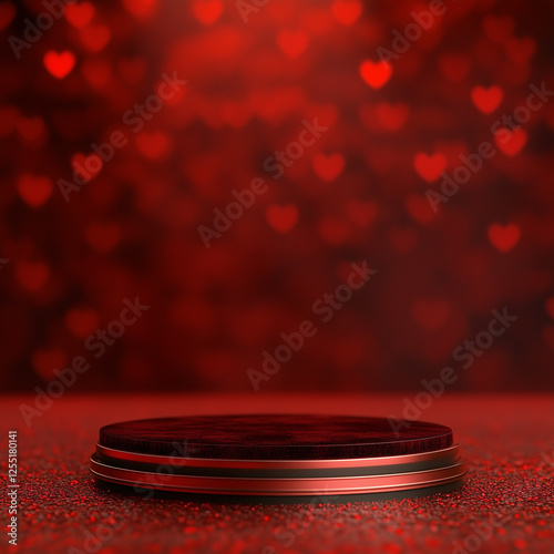 Minimalist red podium for product presentation with heart bokeh lights for Valentine’s Day