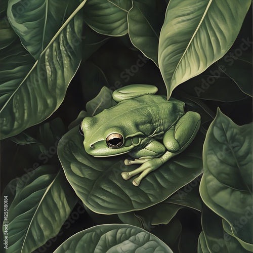 A green tree frog resting on a broad leaf, its body almost indistinguishable from the foliage.