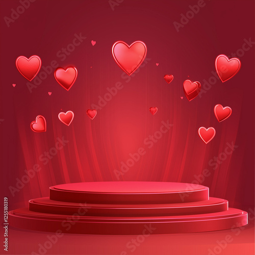 Elegant red podium for product presentation with floating glossy hearts for Valentine’s Day