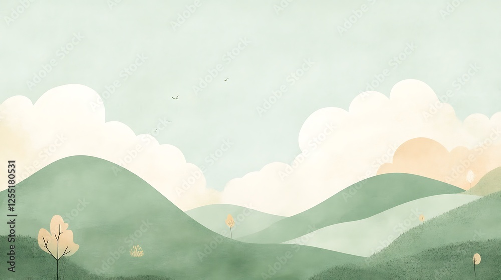 Obraz premium Pastel hills landscape with soft clouds and sunrise. Possible use for Posters, wallpapers, cards, prints