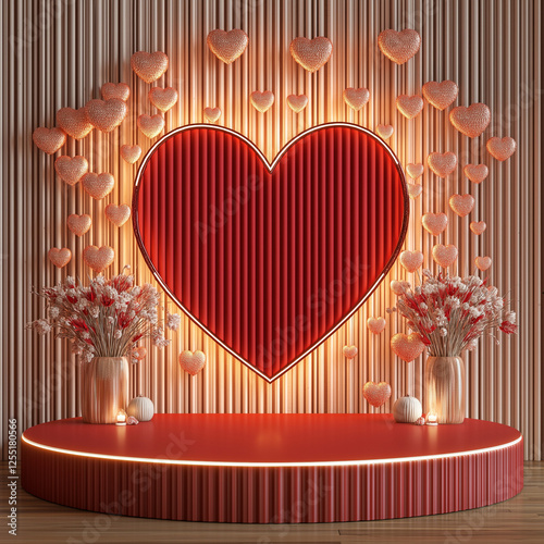 Luxury podium for product presentation with glowing heart decor for Valentine’s Day celebration