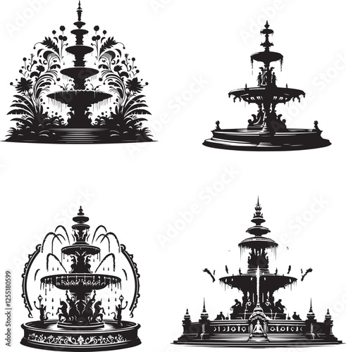 Fountain black and white silhouette assets in vector farm  