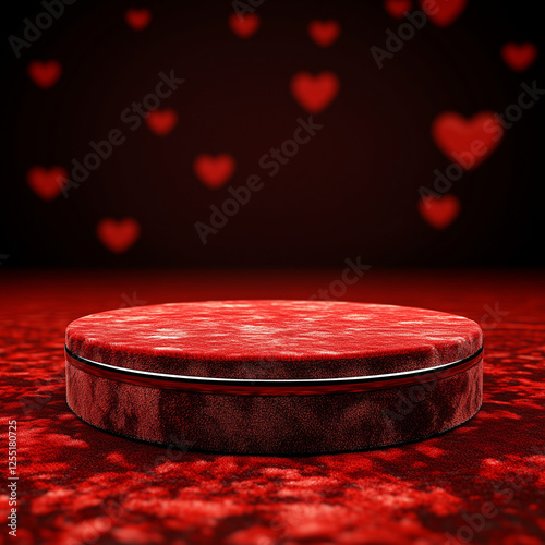 Luxurious velvet podium for product presentation with glowing hearts for Valentine’s Day