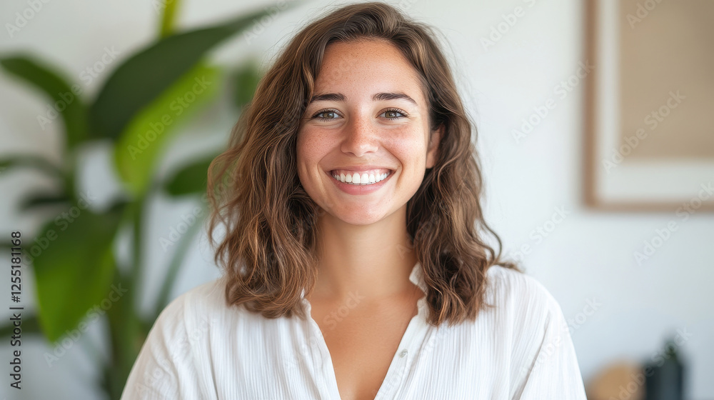 Smiling woman in bright casual outfit in modern office with plants Smiling woman in bright casual outfit in modern office with plants