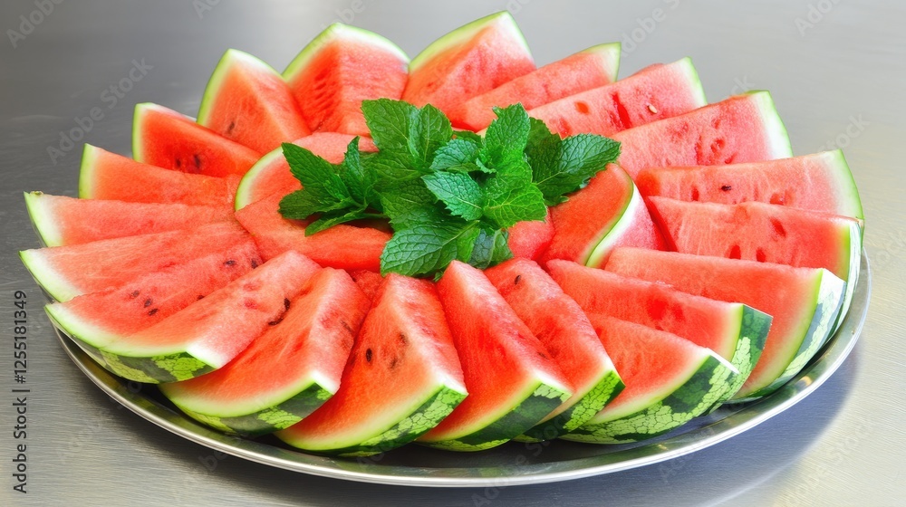 A beautifully arranged platter of freshly cut watermelon slices with scattered mint leaves