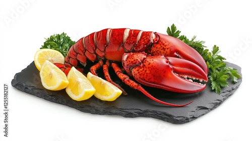 A beautifully presented lobster tail with garlic butter, lemon wedges, and fresh herbs on a textured slate platter photo