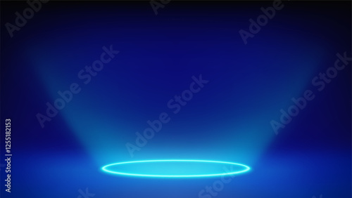 Futuristic glowing blue stage, studio. Empty room, circular cyan neon lighting in floor. The product levitates, hangs. Background. Displaying products, presentation. Showcase. Backdrop. Vector