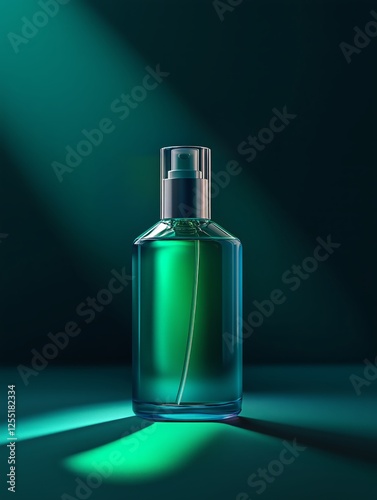 Elegant glass bottle of green fragrance with soft lighting effects. Generative AI
