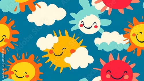 Cartoon suns and clouds seamless pattern