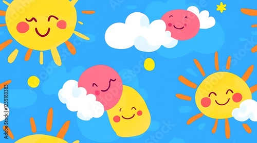 Cute cartoon sun and clouds pattern