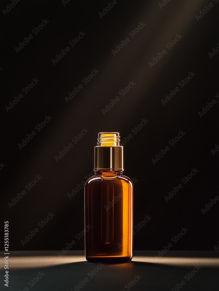 Elegant amber glass bottle illuminated by soft light in dark setting. Generative AI Elegant amber glass bottle illuminated by soft light in dark setting. Generative AI