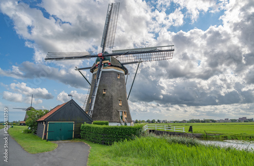 Typical Dutch landscape with traditional windmills, Netherlands..