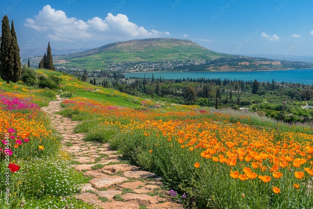 Pathway through a meadow with flowers and hills Pathway through a meadow with flowers and hills