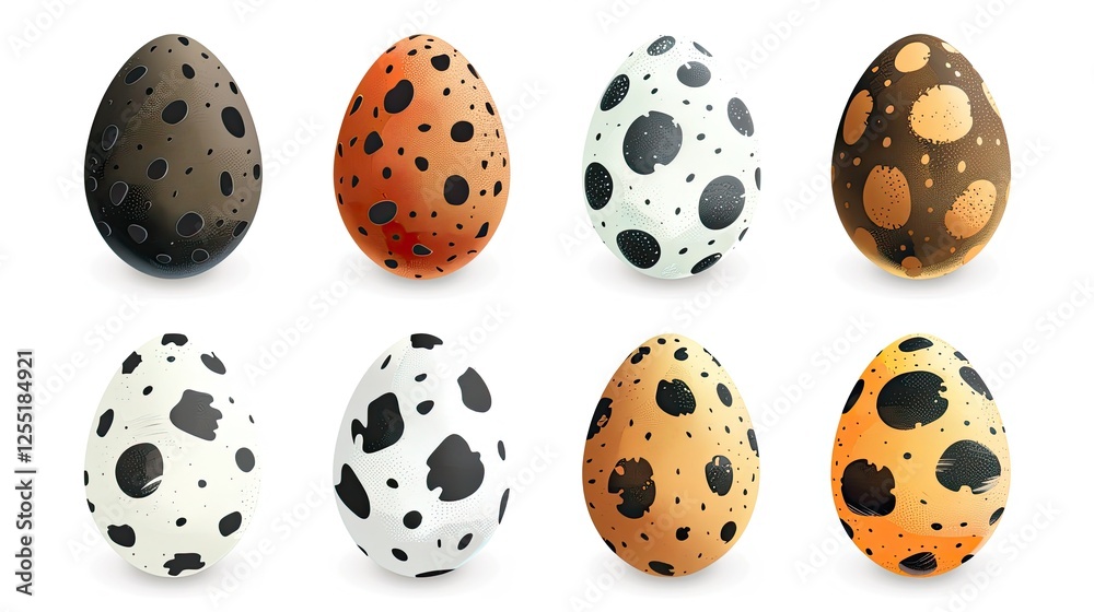 different eggs with spotted illustrations, vector illustrations on a white background