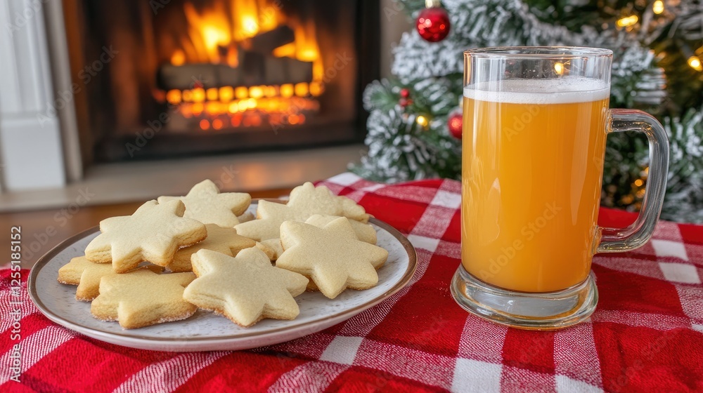 A cozy fireplace setting with a plate of holiday sugar cookies and a mug of hot spiced cider A cozy fireplace setting with a plate of holiday sugar cookies and a mug of hot spiced cider